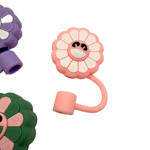 Smiley Flower Silicone Straw Toppers Set of 3 Fits 10mm Straws Cute Girly Floral - Picture 3 of 5